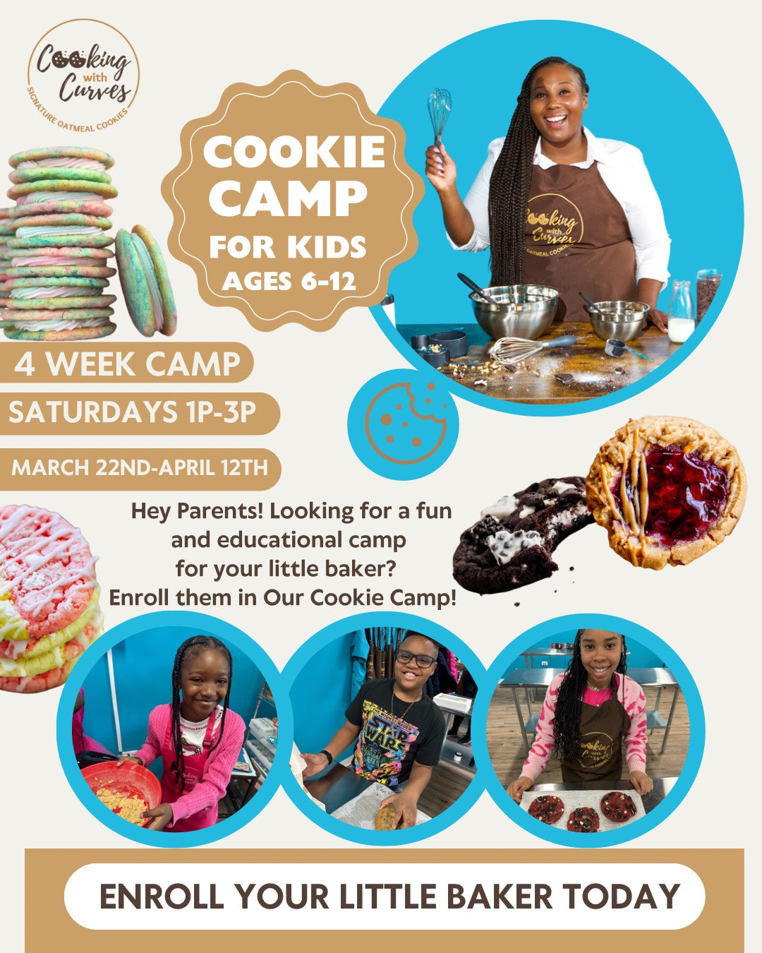 Cookie Camp for Kids Ages 6-12. Saturdays 1p-3p. March 22nd-April 12th